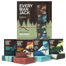 Every Man Jack front packaging showing four winter scent bars and clear labeling benefits