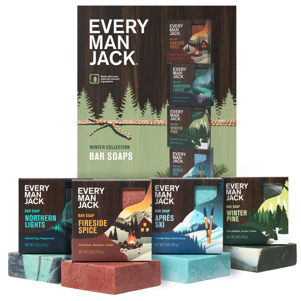 Every Man Jack front packaging showing four winter scent bars and clear labeling benefits