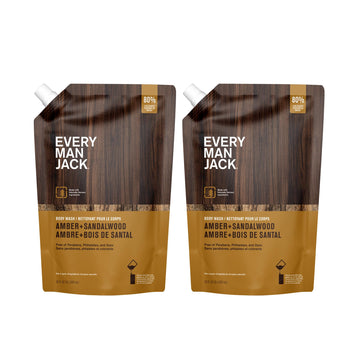 Every Man Jack front pouch showing amber and sandalwood scent and refill benefit
