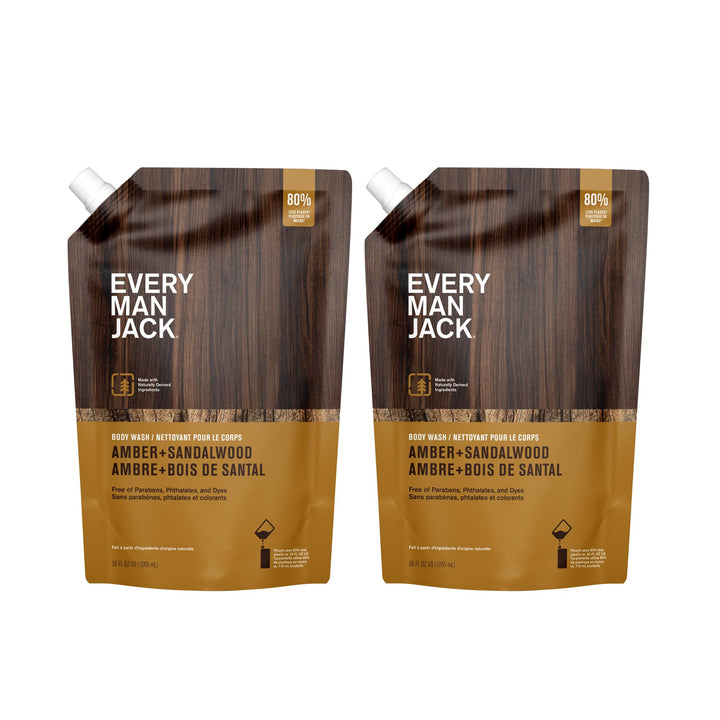 Every Man Jack front pouch showing amber and sandalwood scent and refill benefit