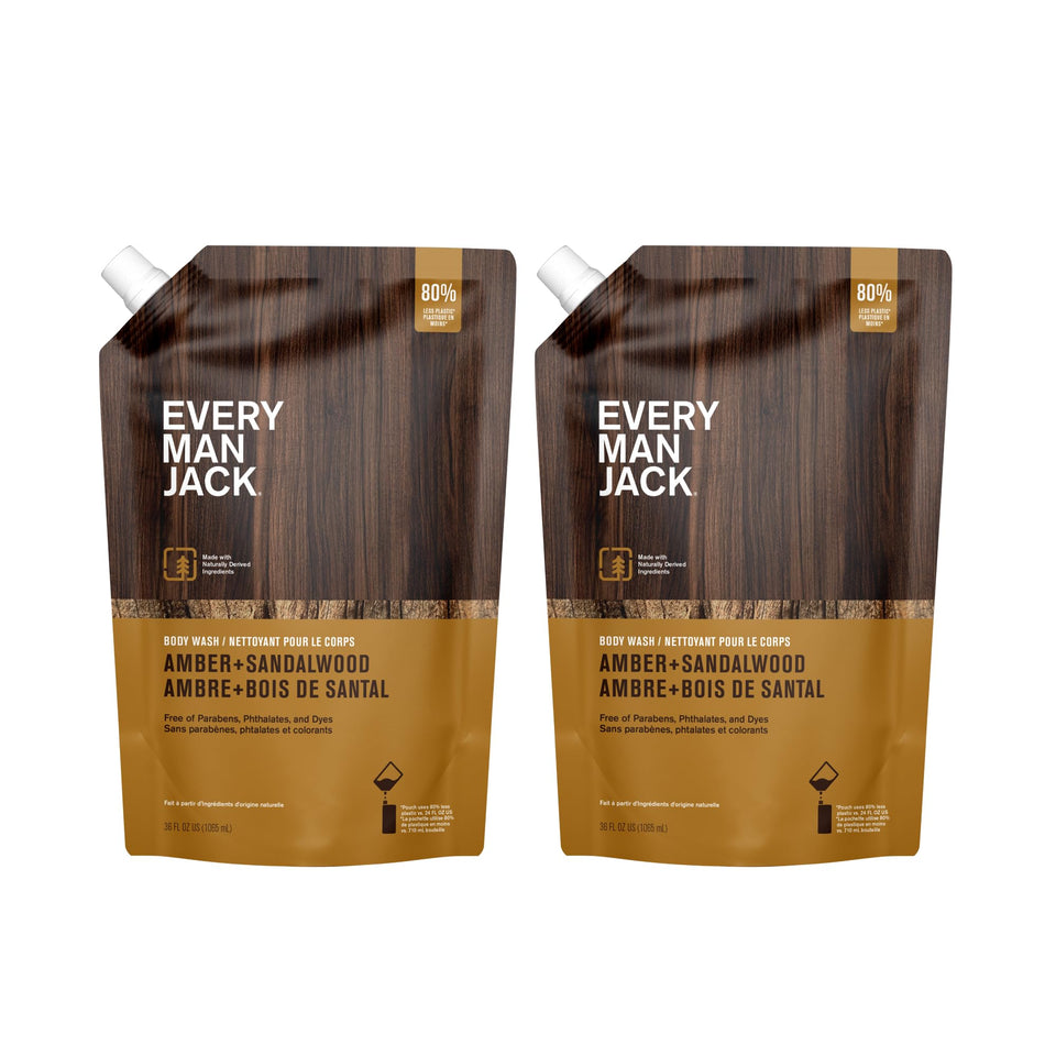 Every Man Jack front pouch showing amber and sandalwood scent and refill benefit
