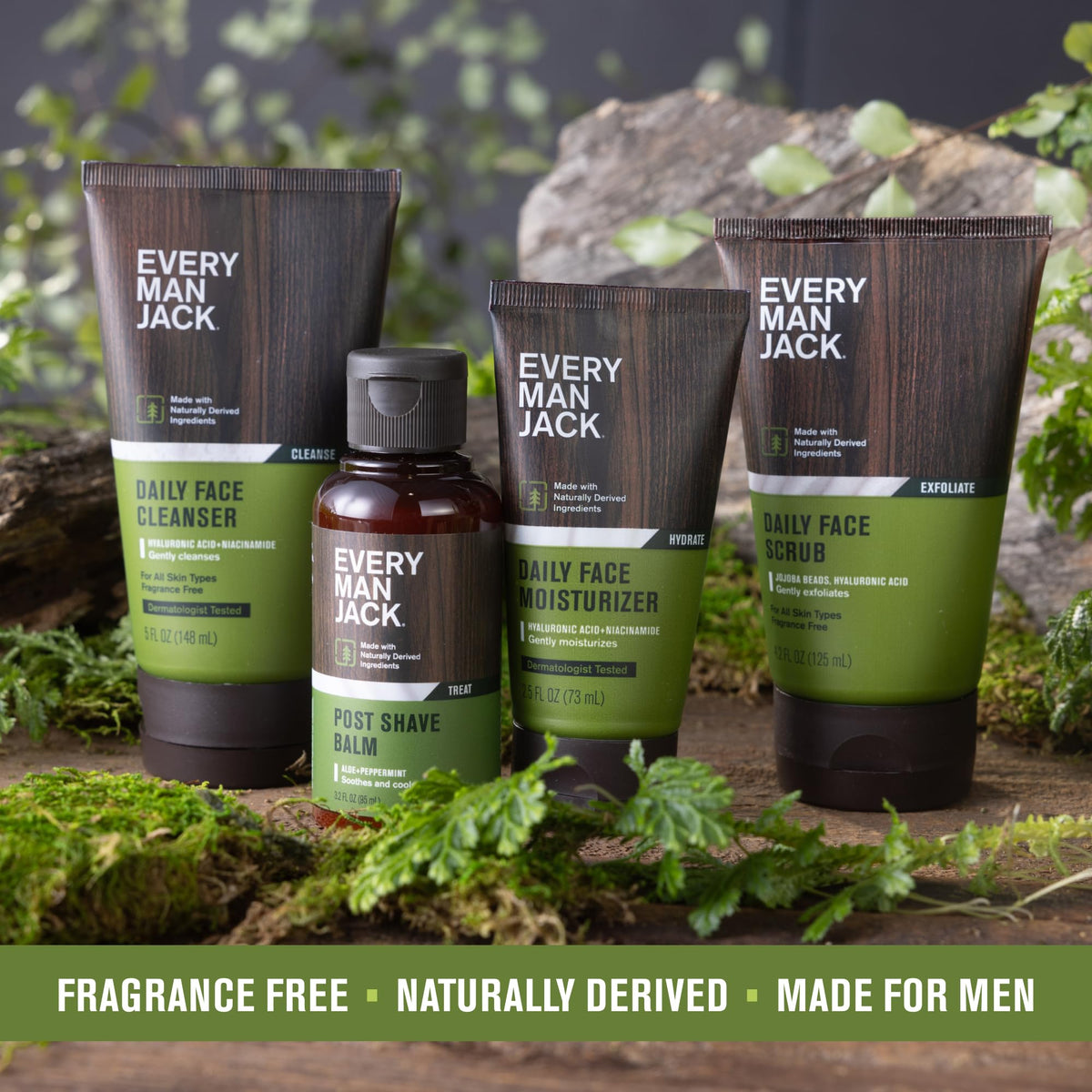 Every Man Jack ingredient label highlighting hyaluronic acid and jojoba