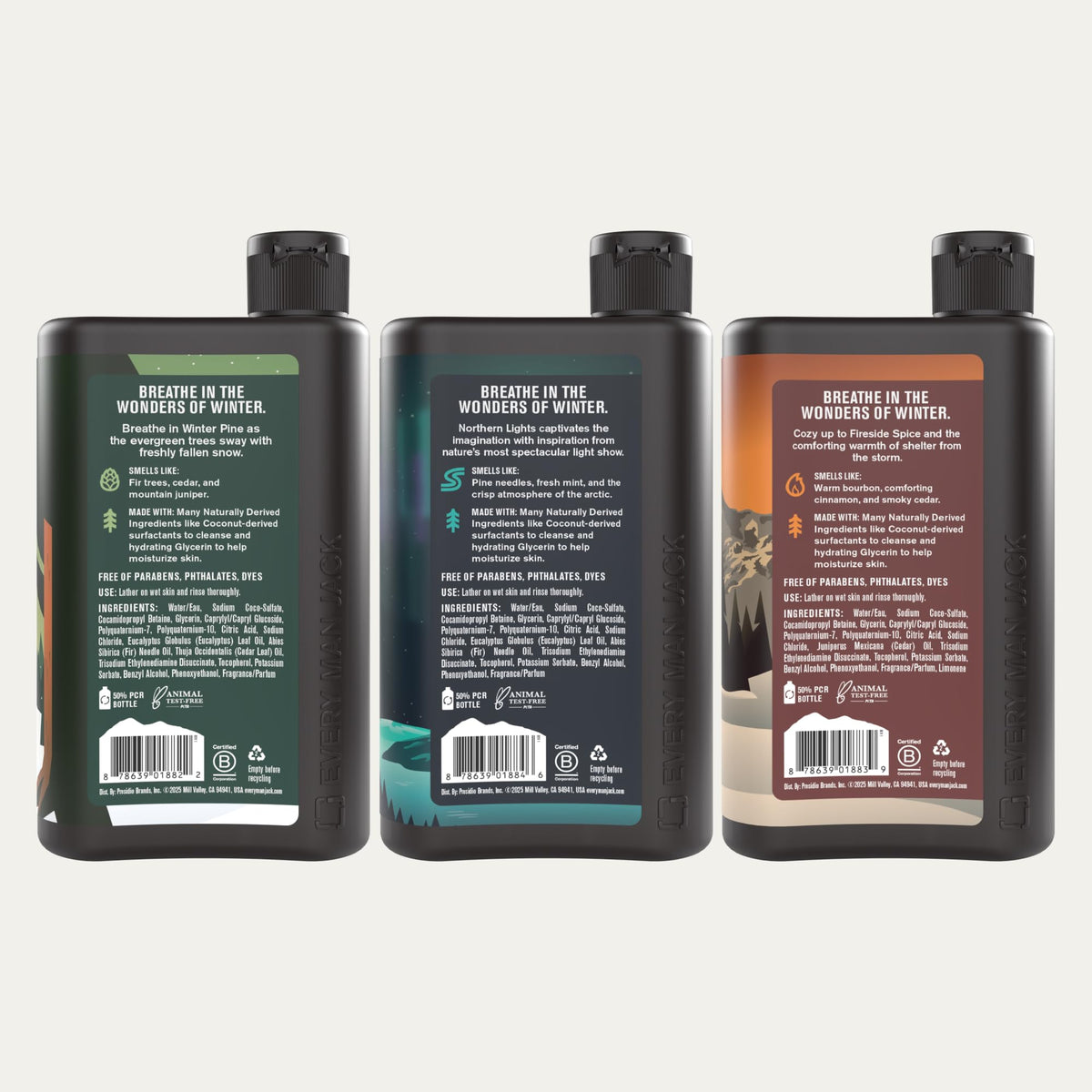 Every Man Jack bottles in a bathroom with winter decor suggesting gift presentation
