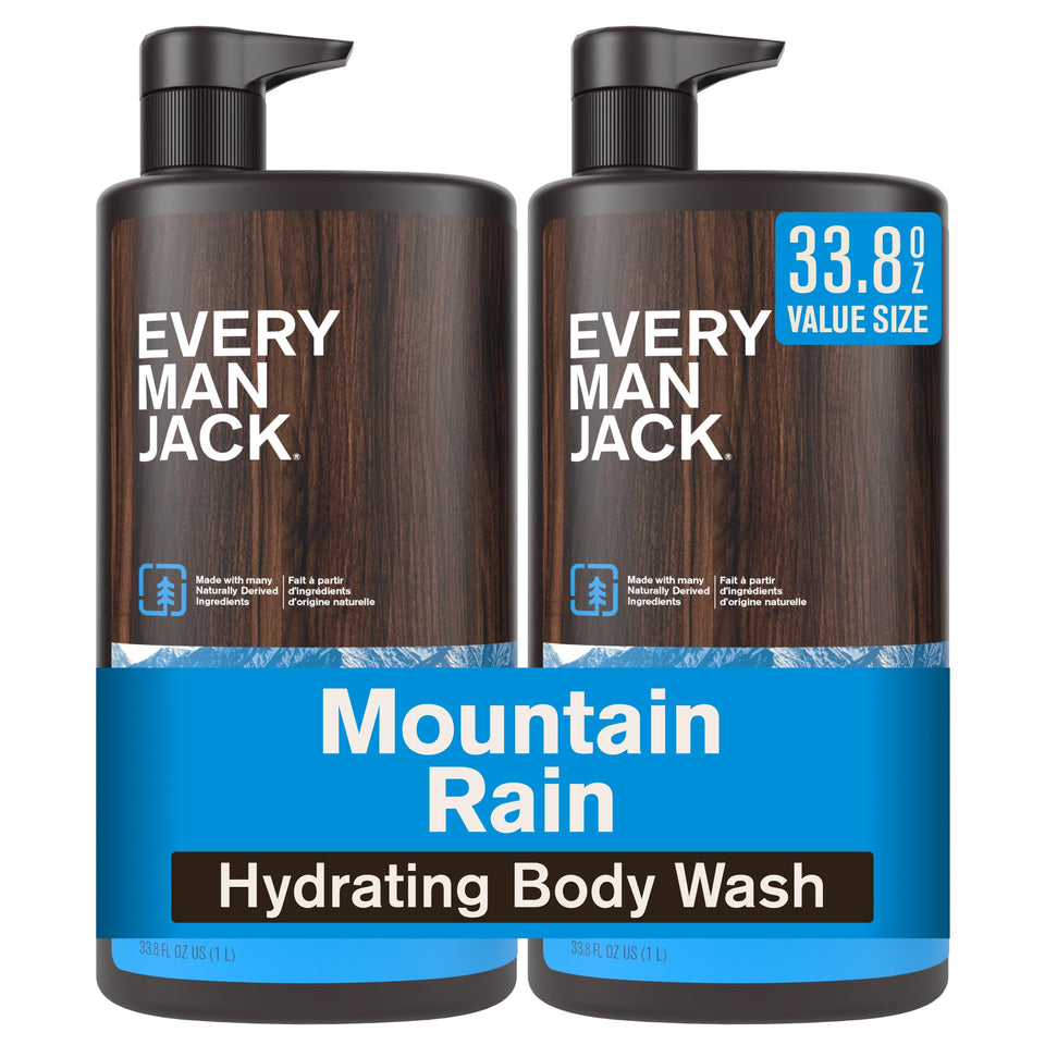 Every Man Jack front packaging showing large pump bottles and clear scent benefit
