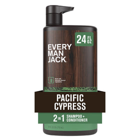 Every Man Jack front bottle showing Pacific Cypress label and easy single-bottle benefit