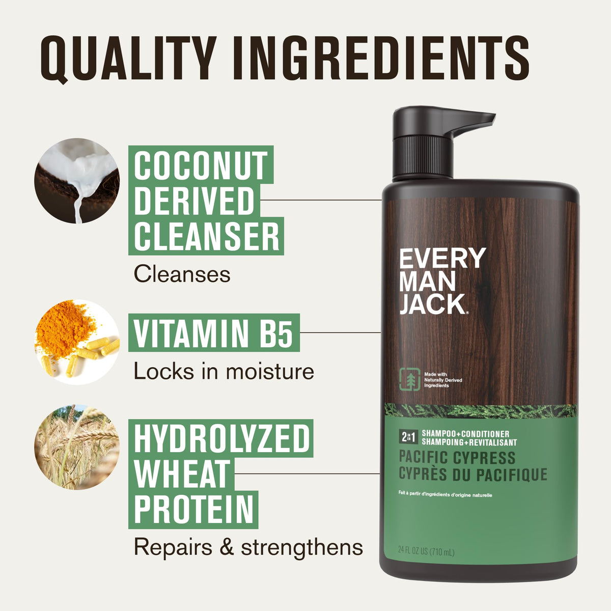 Every Man Jack bottle on shower shelf showing 24 oz size for fewer refills