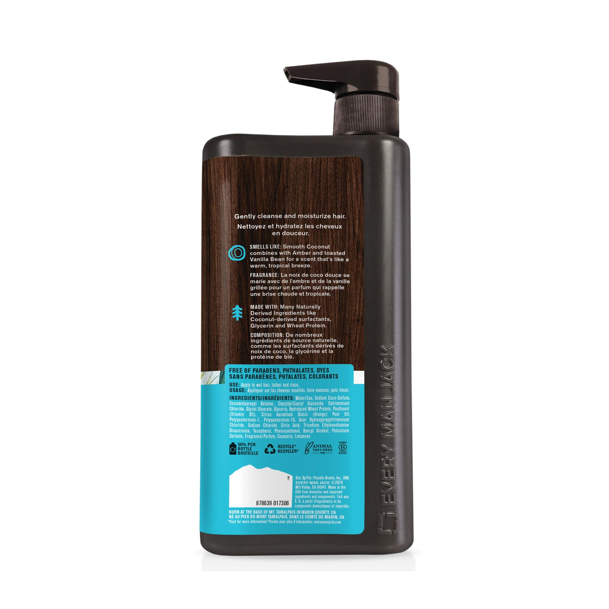 Every Man Jack packaging bottom and cap detail showing pump or flip top functionality benefit