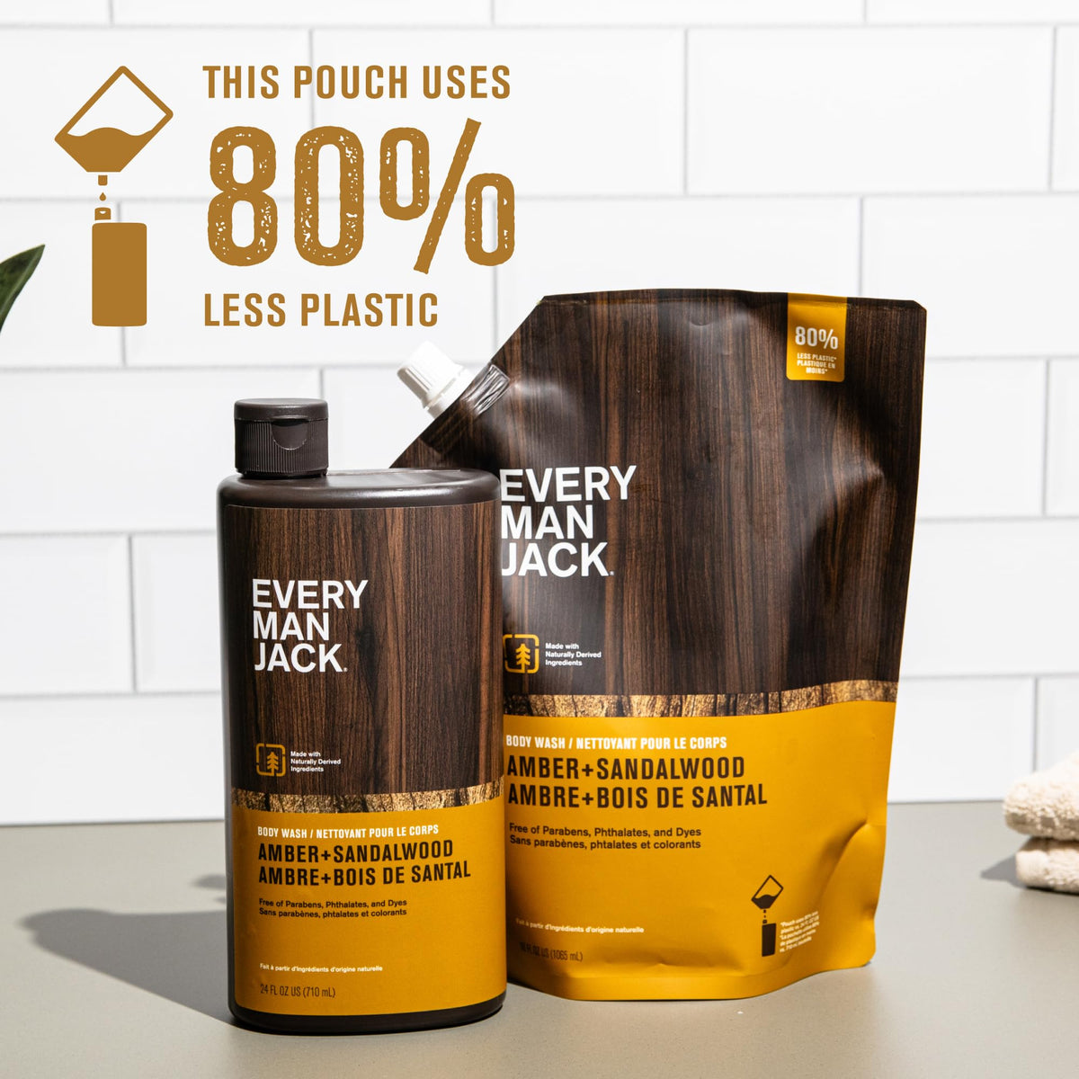 Every Man Jack pouring refill pouch into bottle showing easy pour and less waste
