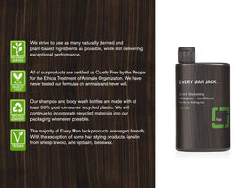 Every Man Jack creamy gel texture pouring from bottle demonstrating conditioning, easy lather