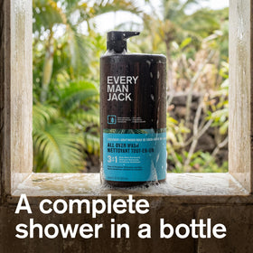 Every Man Jack pump close-up demonstrating simple one-pump dispensing for fast showers