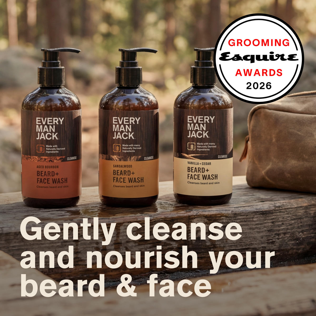 Every Man Jack sandalwood bottle close-up highlighting warm scent benefit