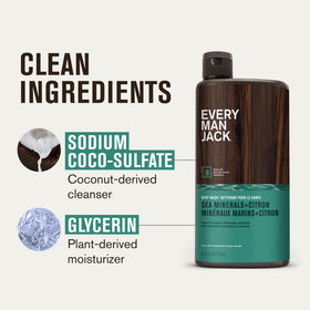 Every Man Jack ingredient panel showing coconut-derived surfactants and glycerin