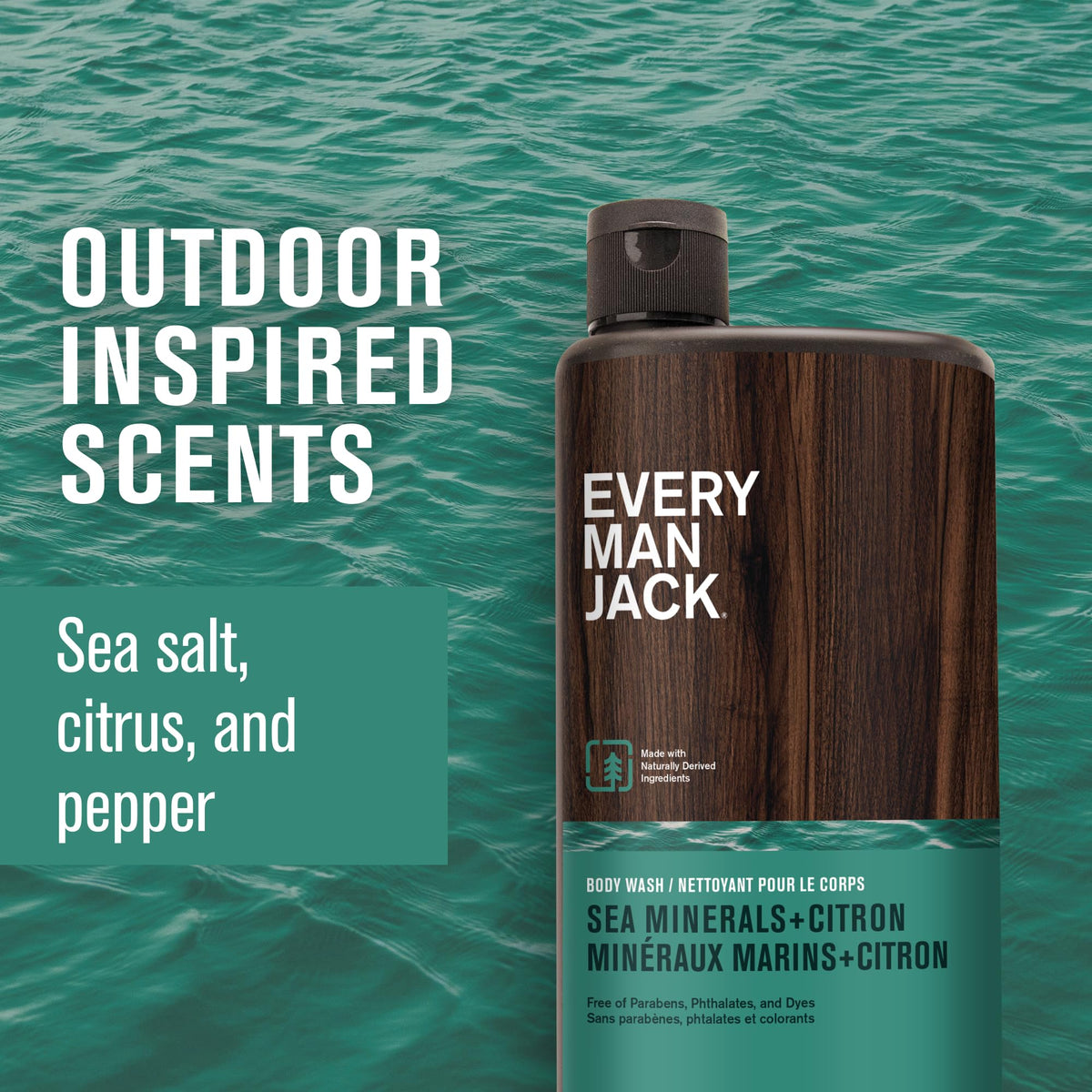 Every Man Jack pump and label close-up highlighting natural ingredients