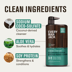 Every Man Jack label ingredients closeup showing naturally derived formulation details