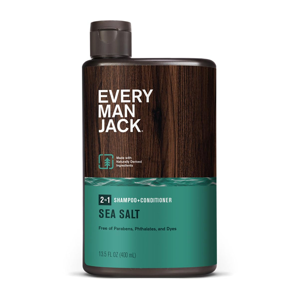 Every Man Jack front label showing sea salt scent and easy 2-in-1 benefit