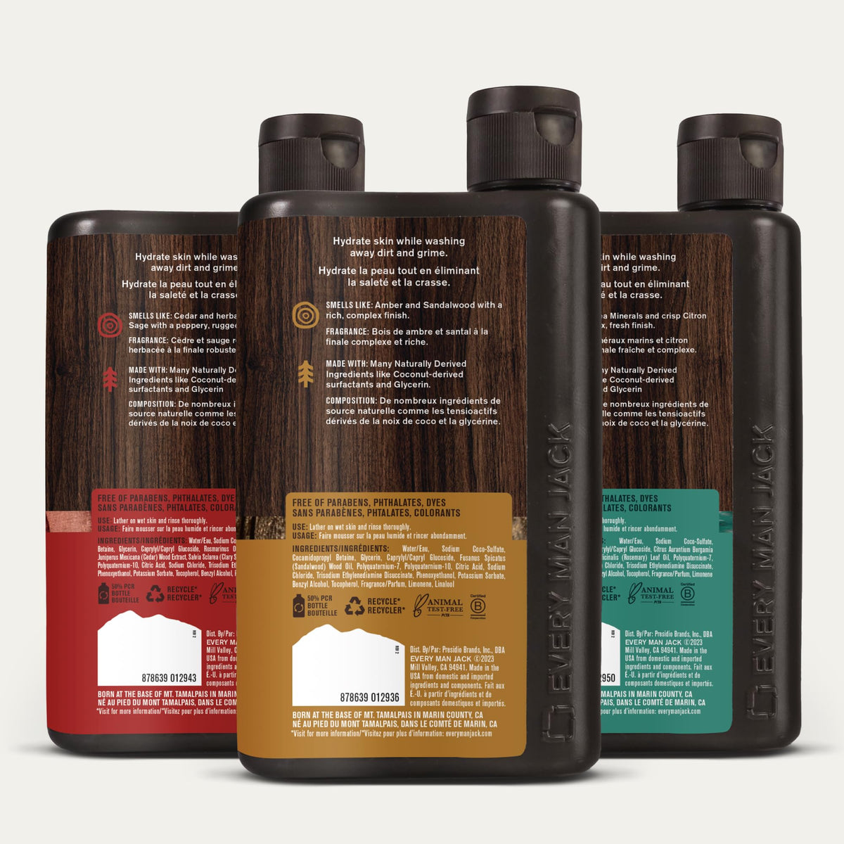 every man jack bottles beside ruler showing 13.5 fl oz scale and travel-friendly benefit
