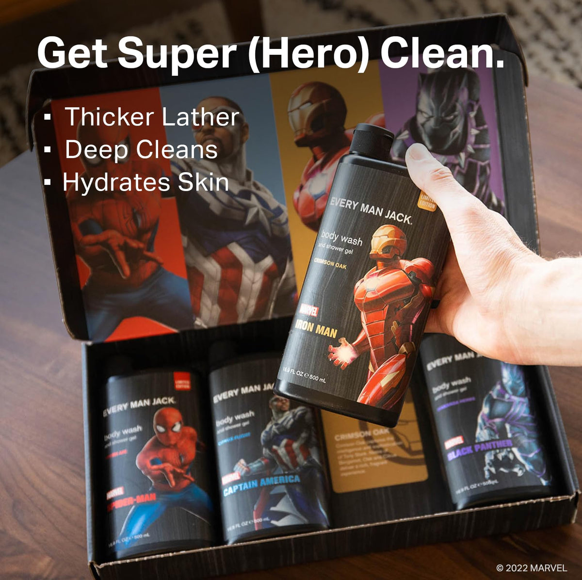 Every Man Jack back label close-up displaying ingredients and paraben dye free benefits