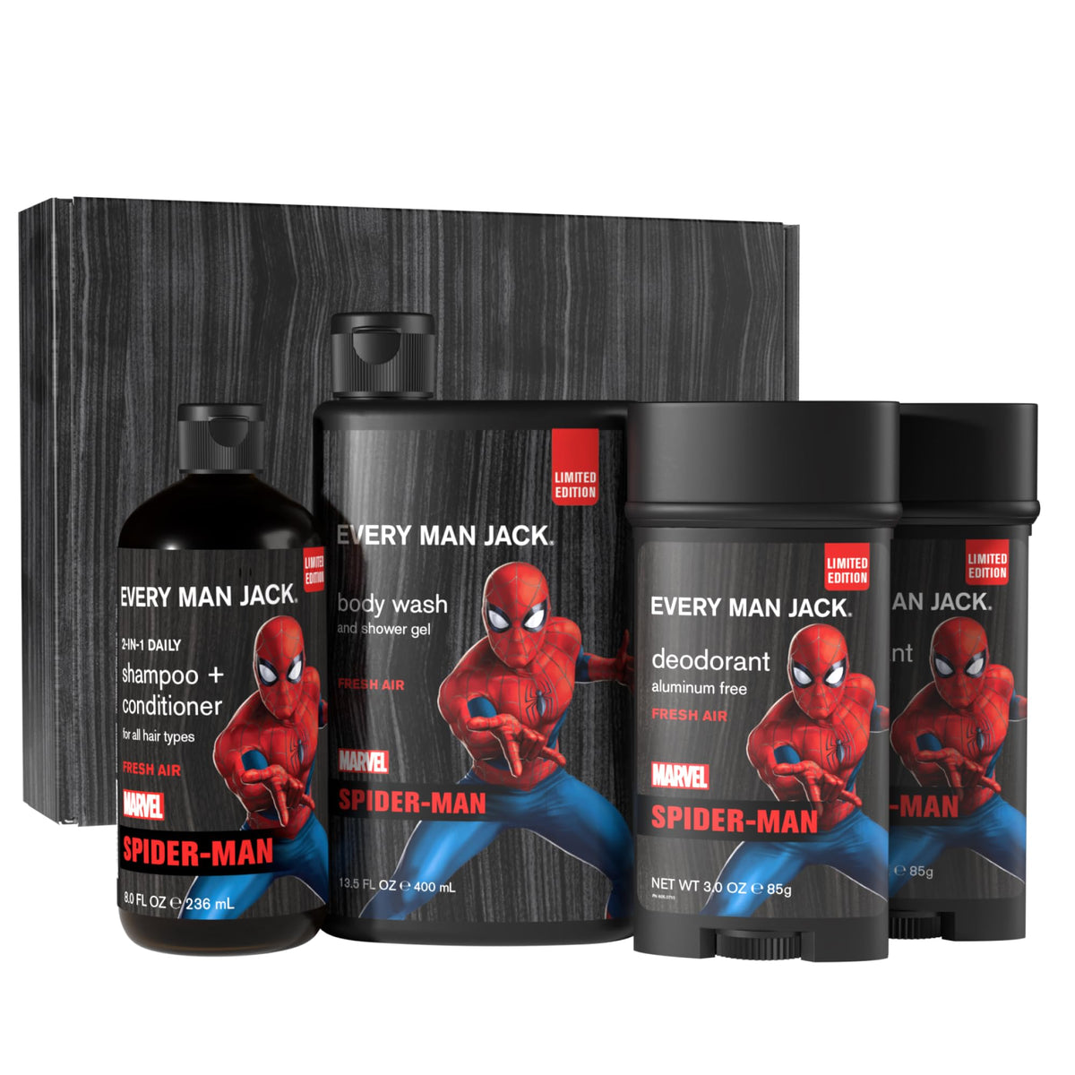Every Man Jack front packaging showing Spider-Man design and gift-ready box benefit