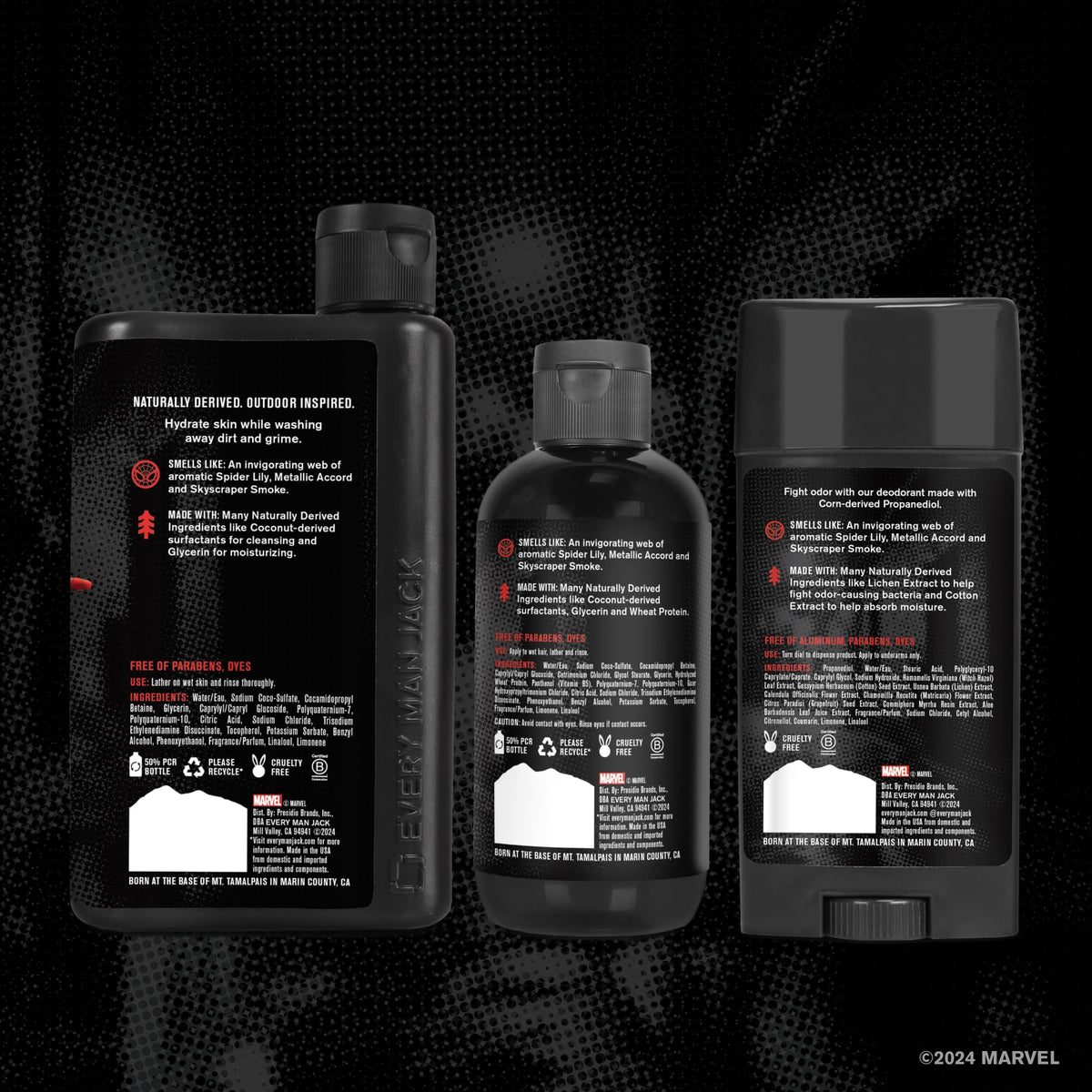 Every Man Jack label detail with scent notes callout for signature Spider-Man fragrance