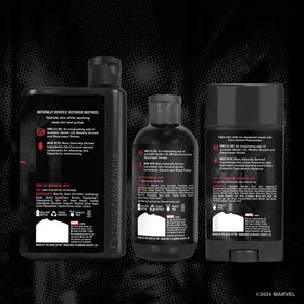 Every Man Jack label detail with scent notes callout for signature Spider-Man fragrance