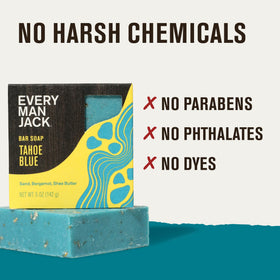 Every Man Jack bar beside a hand to show 5oz size and easy grip