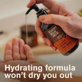 Every Man Jack vanilla cedar bottle label visible, suggesting woodsy freshness