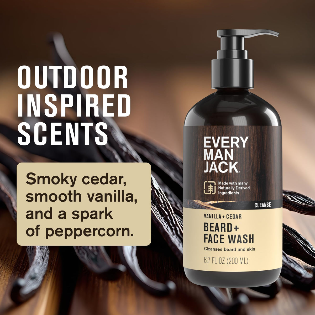 Every Man Jack labeled bottle closeup highlighting vanilla cedar scent