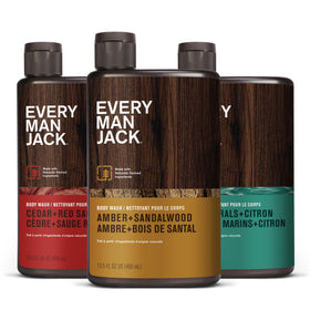every man jack variety pack front view showing three bottles and packaging benefit: easy scent rotation