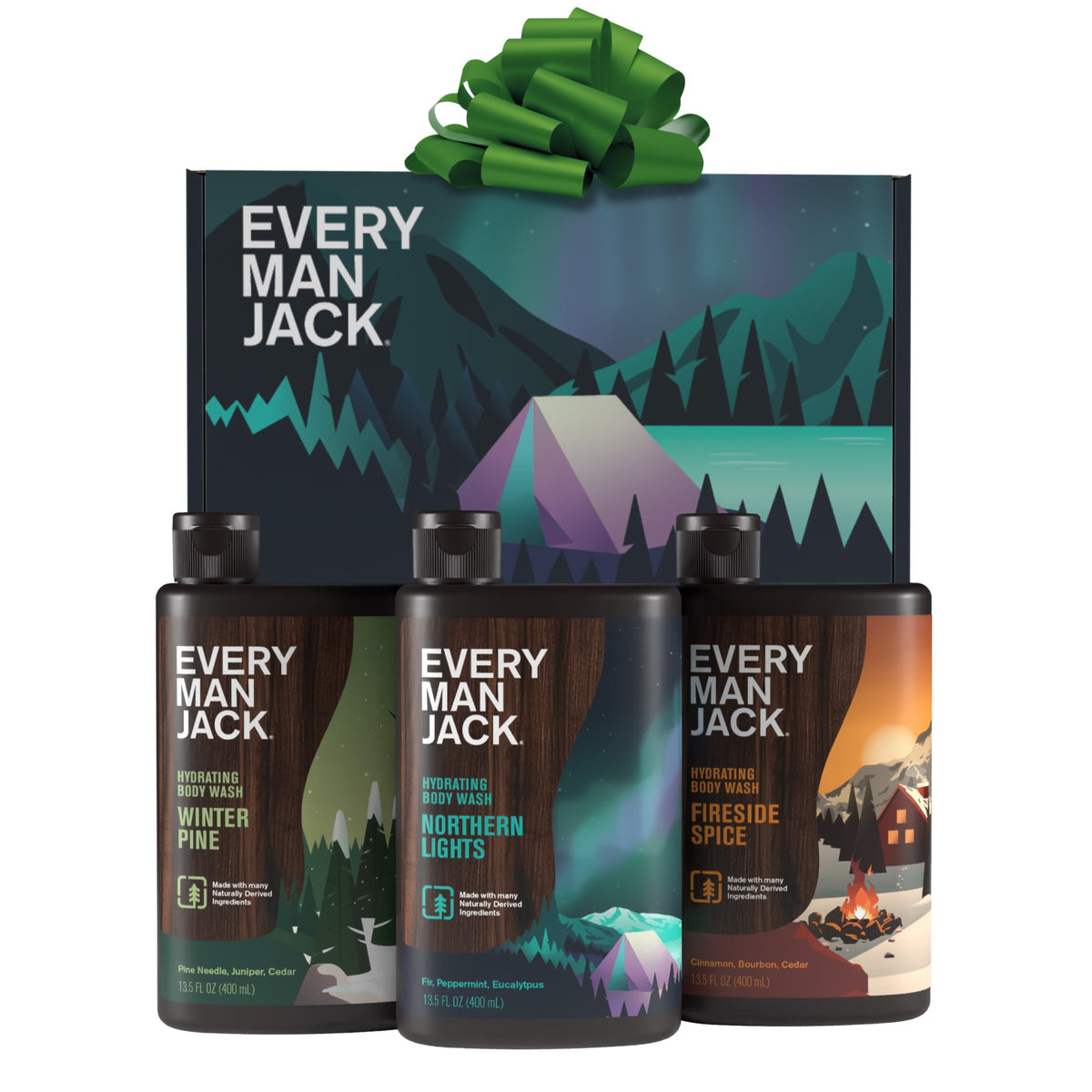 Every Man Jack front packaging showing three winter-scent bottles and gift-ready appeal