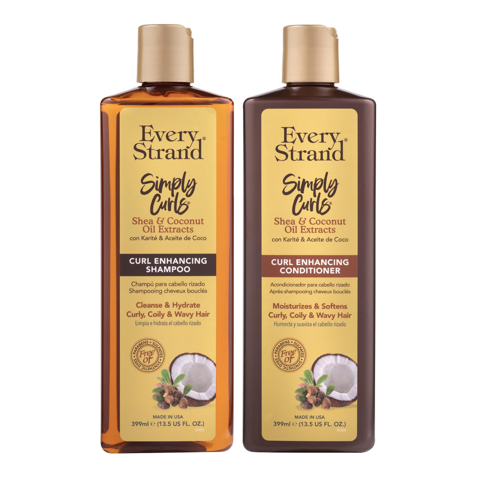 Every Strand front packaging showing both 13.5 oz bottles and curl-friendly benefits
