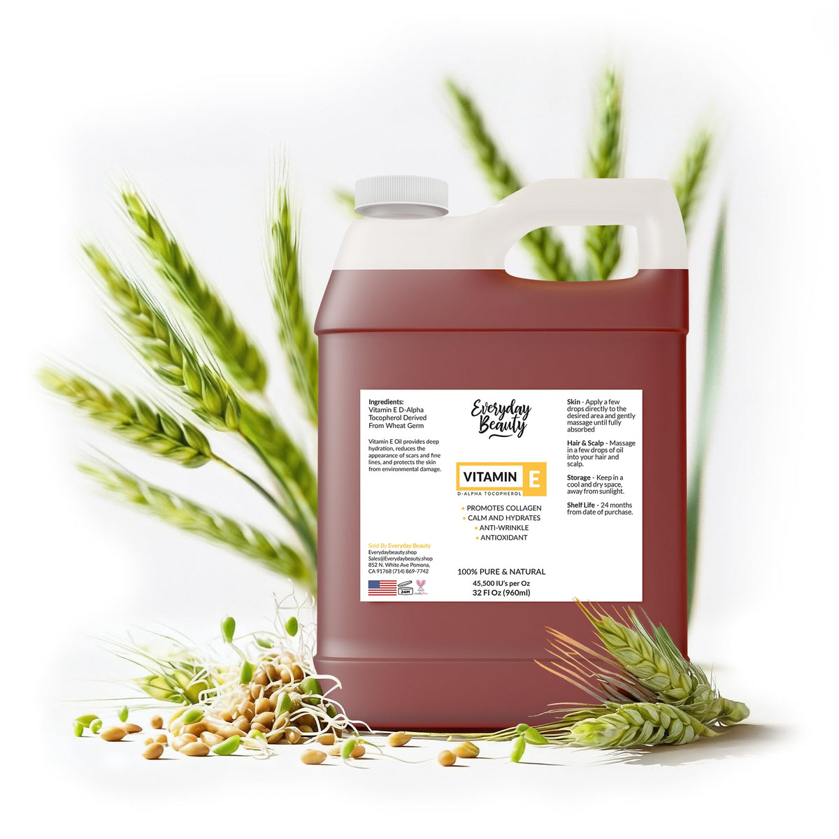 Everyday Beauty 32oz jug front view showing pure Vitamin E oil packaging and bulk size benefit