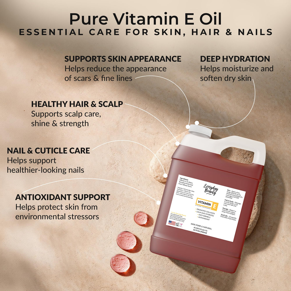 Everyday Beauty pouring amber Vitamin E oil into hand for deep moisturizing treatment