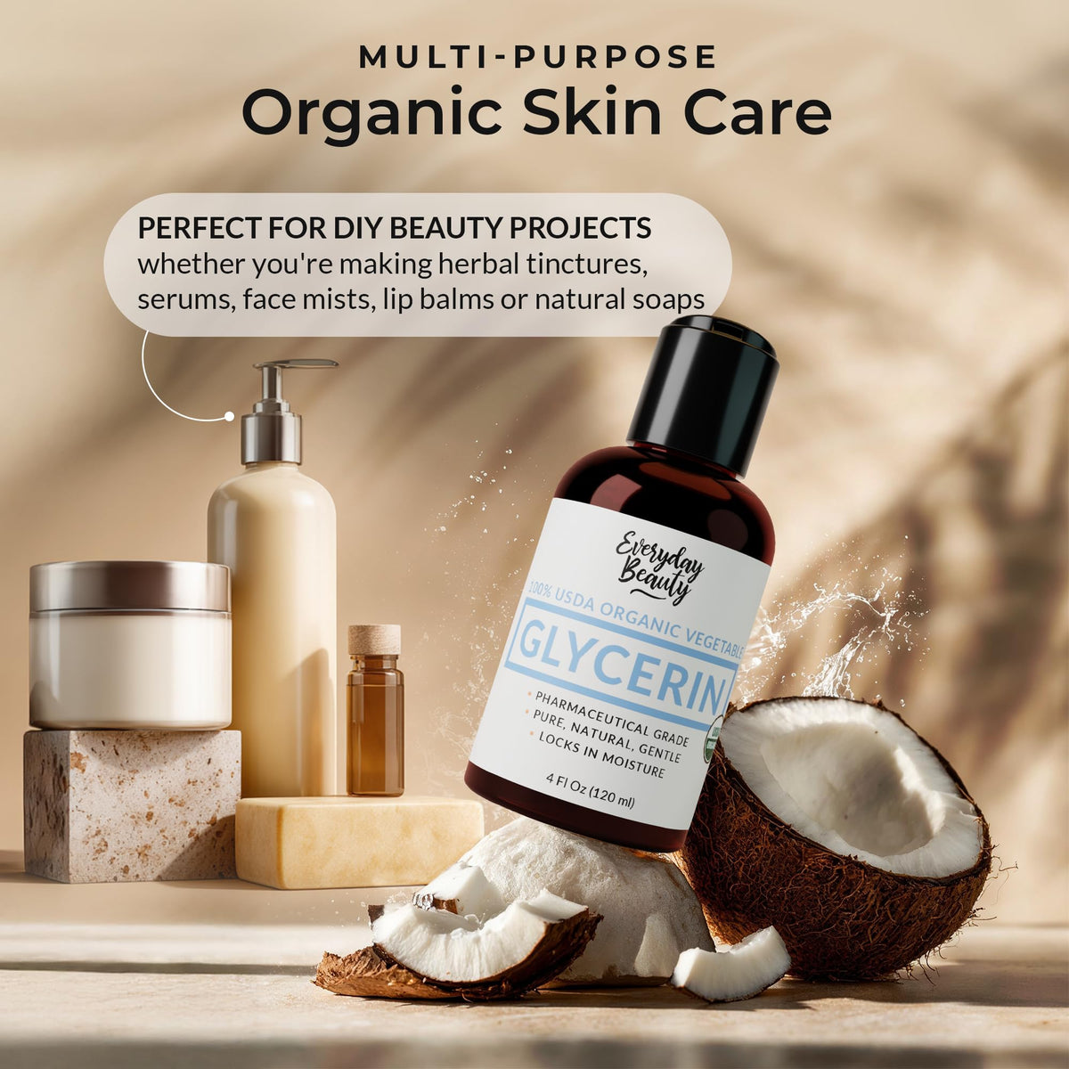 Everyday Beauty 4 fl oz bottle next to a measuring spoon showing scale and travel-friendly benefit