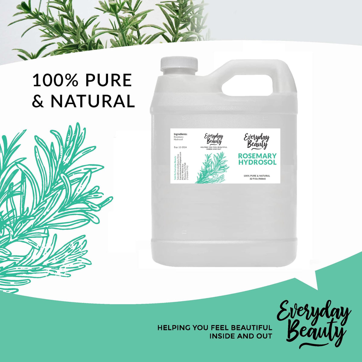 Everyday Beauty rosemary hydrosol 32oz bottle next to a coffee mug for size comparison benefit