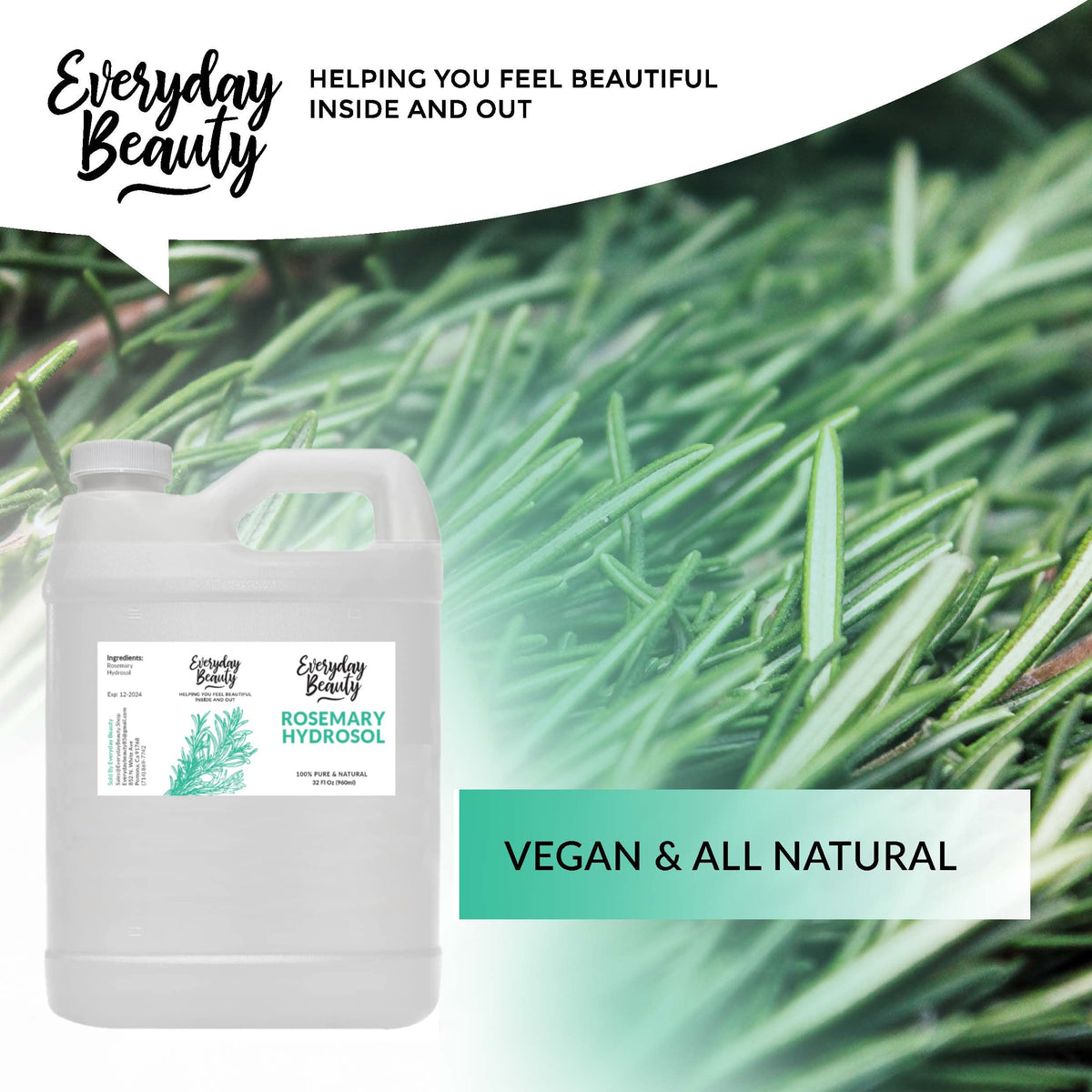 Everyday Beauty rosemary hydrosol fine mist sprayed onto hair demonstrating quick refresh benefit