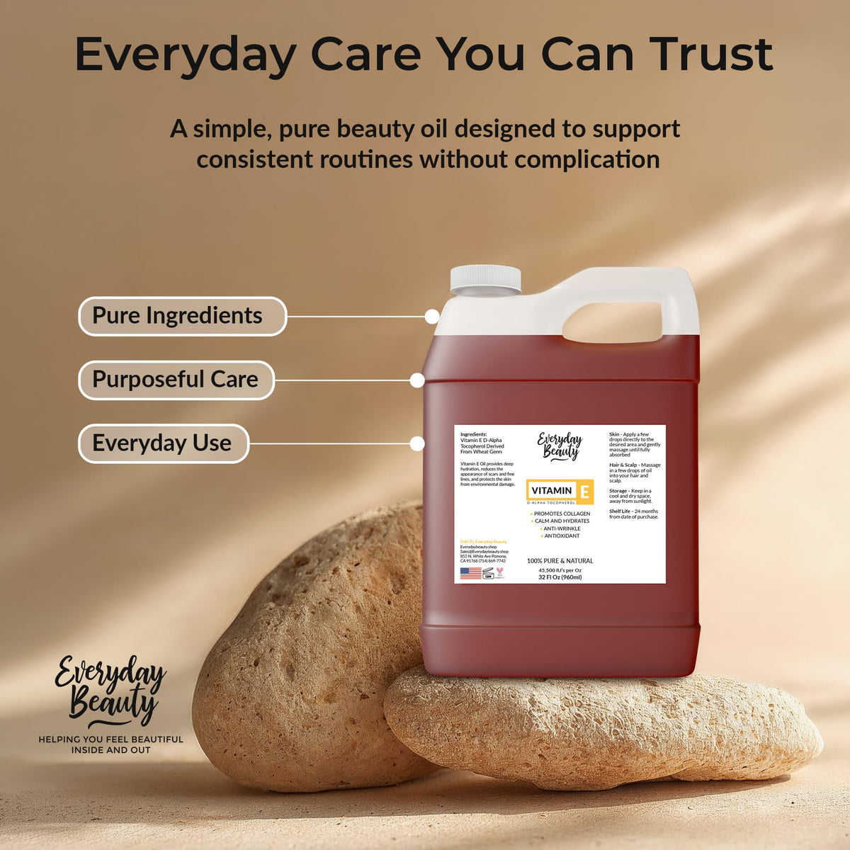 Everyday Beauty 32oz jug beside common bottle to show bulk size and long-lasting supply