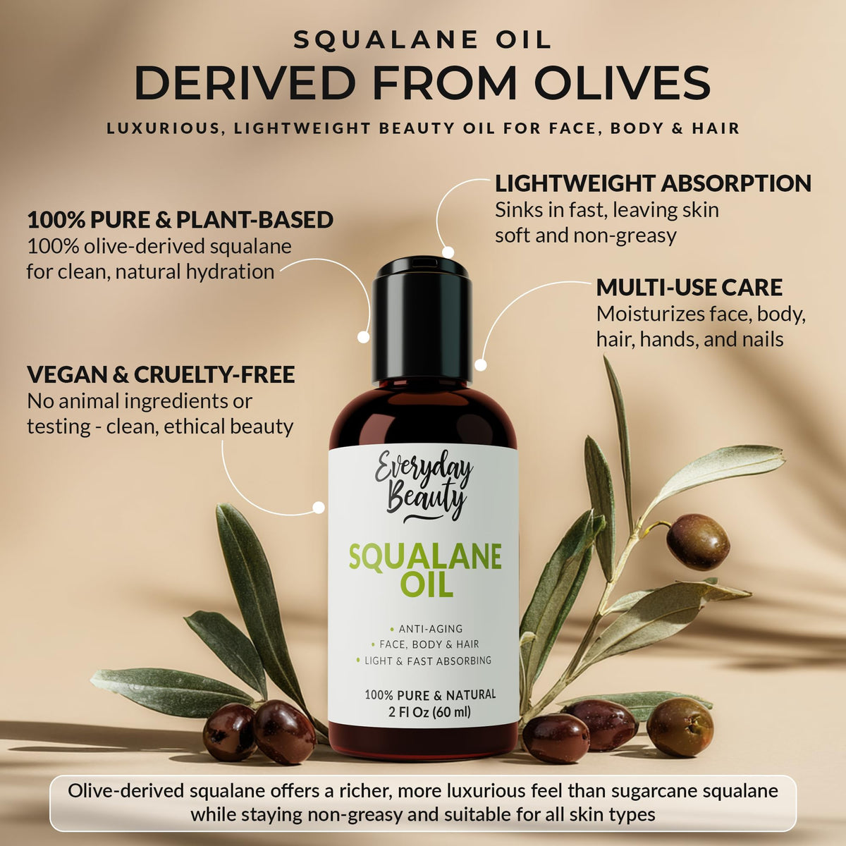 Everyday Beauty squalane dropper dispensing clear oil for precise, mess-free application