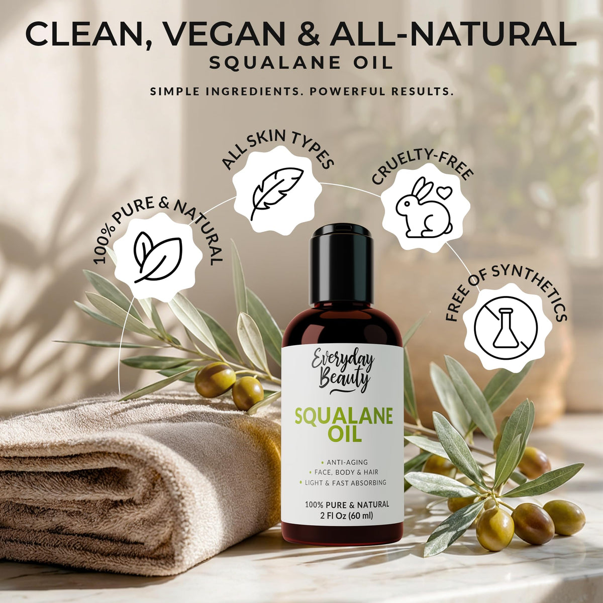 Everyday Beauty squalane ingredients label focusing on olive-derived, vegan formulation