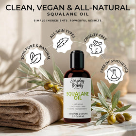 Everyday Beauty squalane ingredients label focusing on olive-derived, vegan formulation