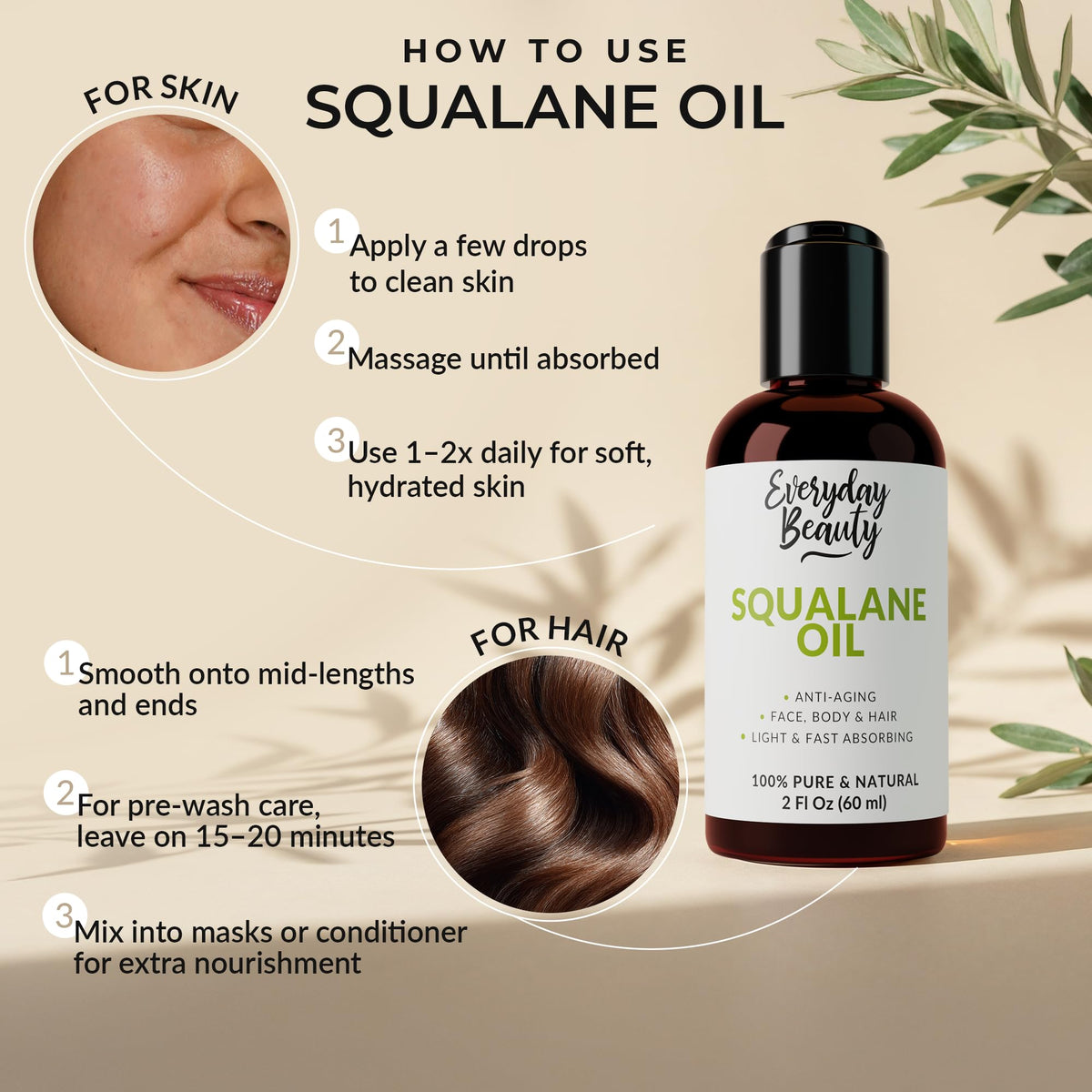 Everyday Beauty squalane bottle in hand displaying 2 fl oz scale and travel-friendly size