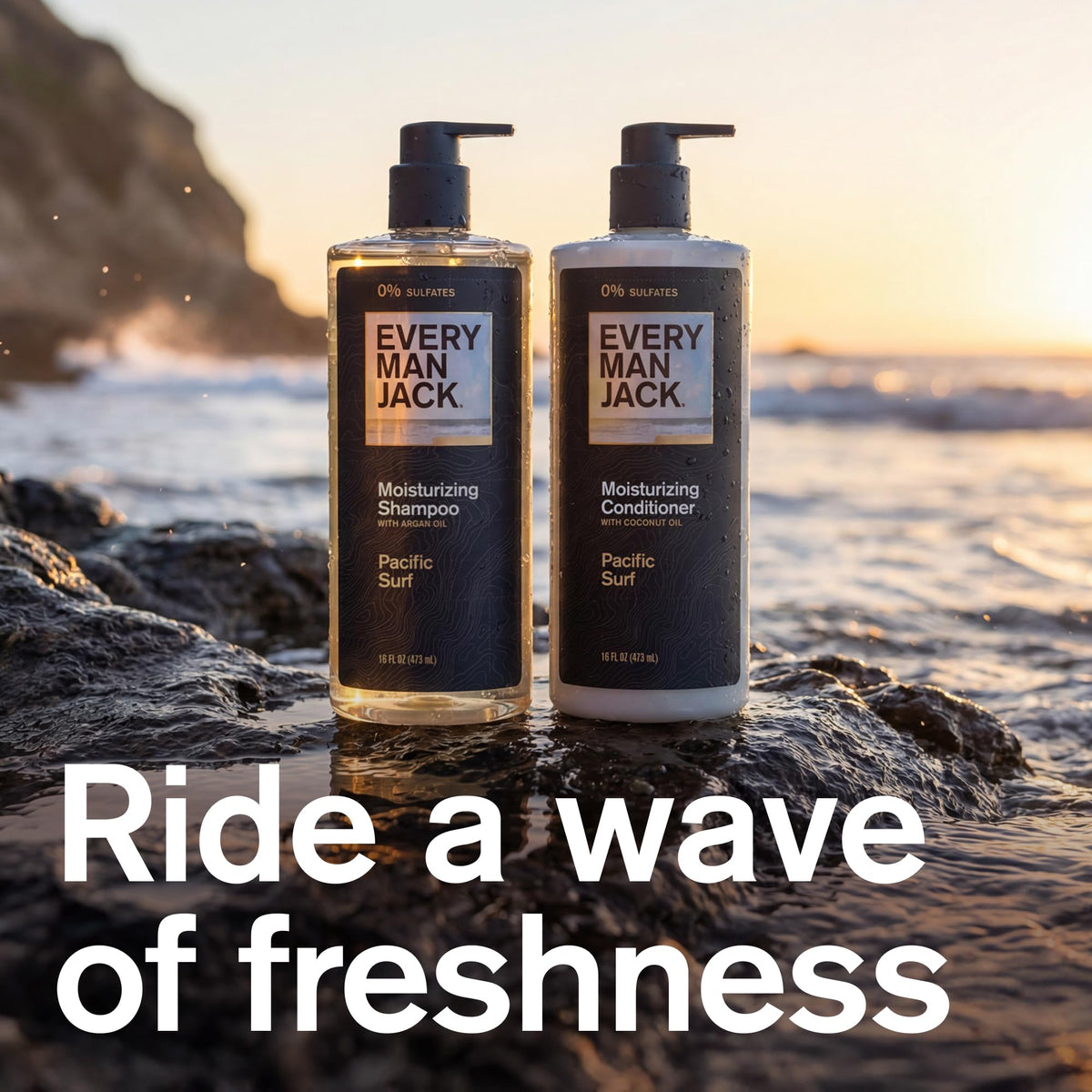 Every Man Jack label close-up highlighting Pacific Surf scent and plant-powered ingredients benefits