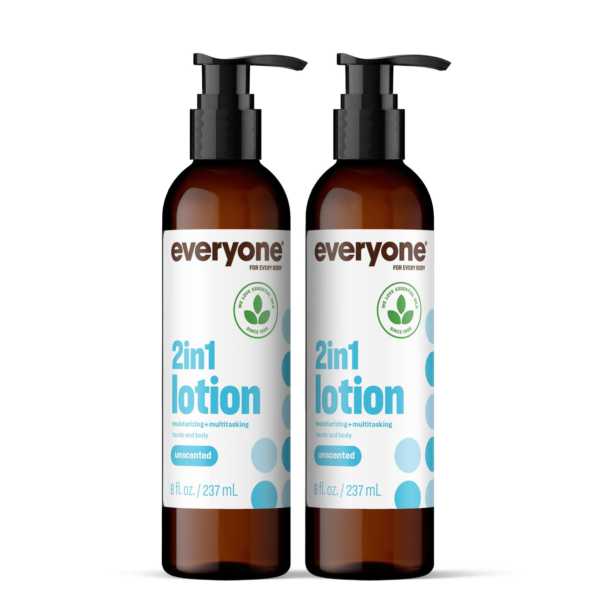 everyone brand front packaging showing two 8 ounce unscented lotion bottles, easy identification and eco packaging