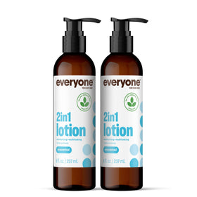 everyone brand front packaging showing two 8 ounce unscented lotion bottles, easy identification and eco packaging