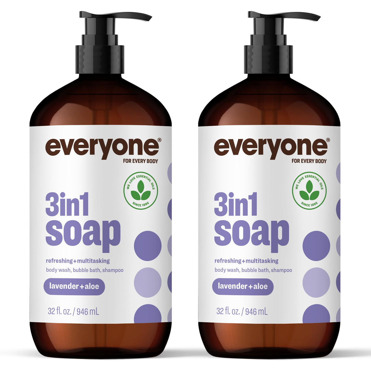 everyone front packaging showing two 32 ounce bottles and lavender label benefits