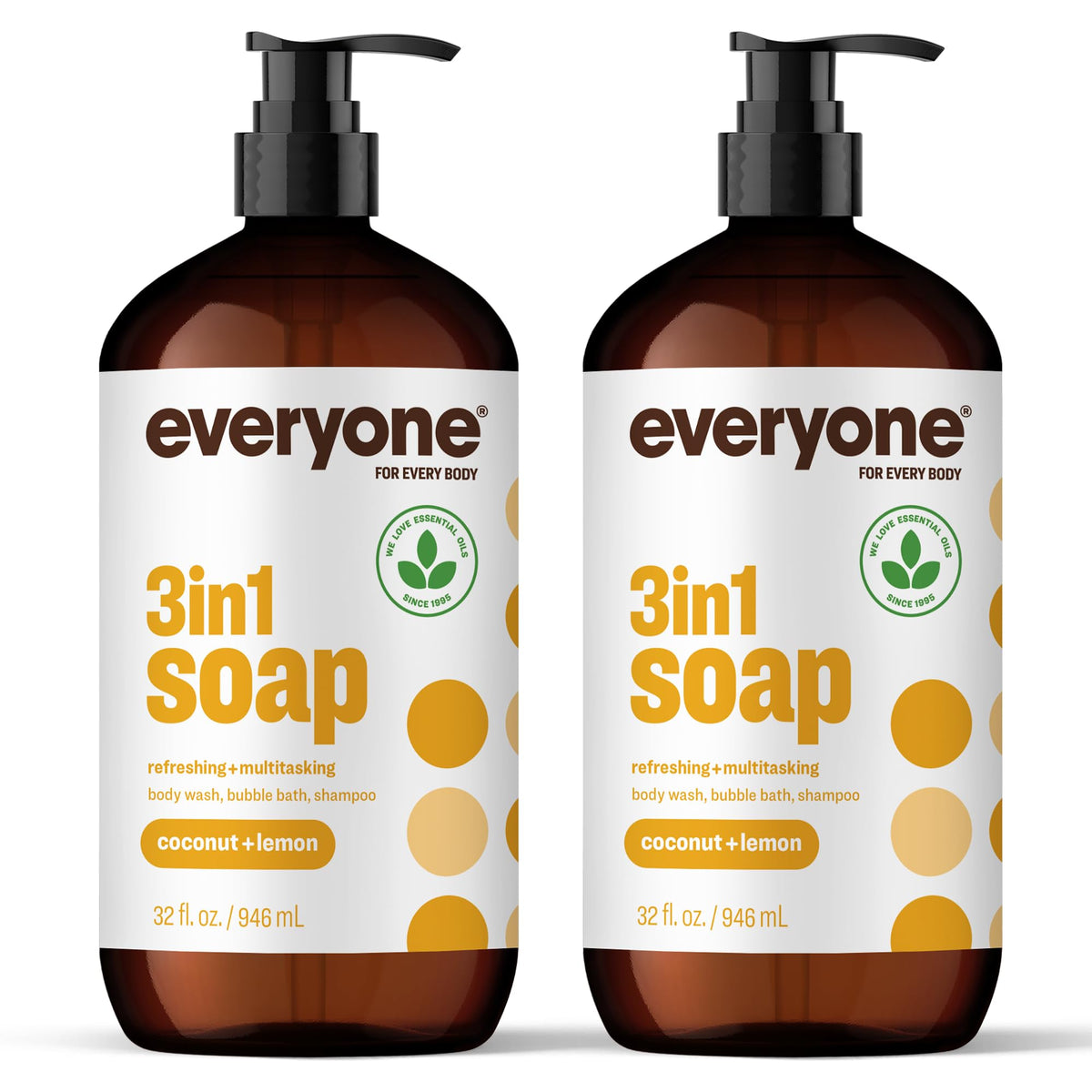 everyone front packaging showing twin 32 ounce bottles and coconut lemon scent benefit