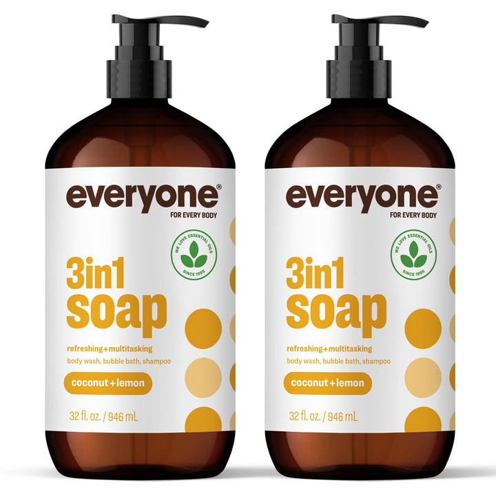 everyone front packaging showing twin 32 ounce bottles and coconut lemon scent benefit