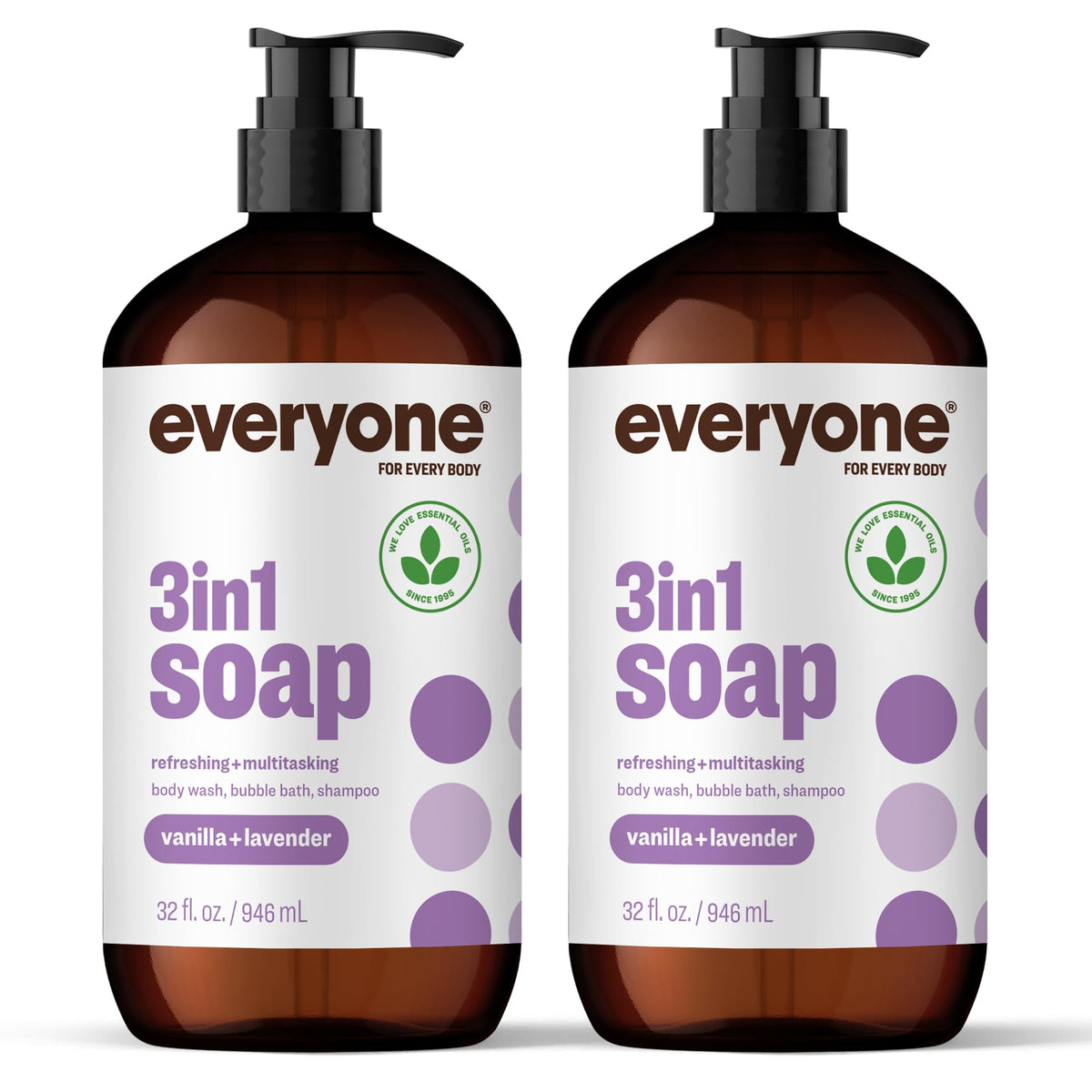 everyone front packaging showing two 32 oz bottles and vanilla lavender scent benefits