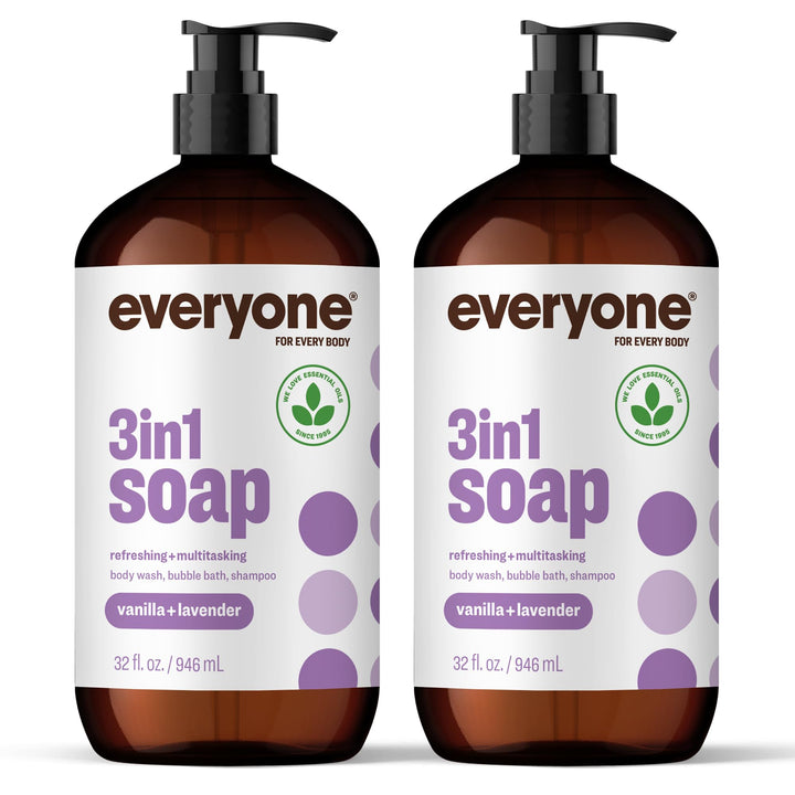 everyone front packaging showing two 32 oz bottles and vanilla lavender scent benefits