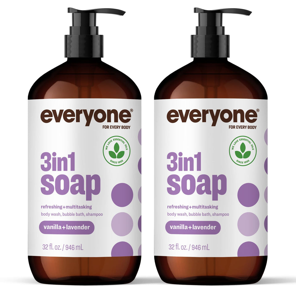 everyone front packaging showing two 32 oz bottles and vanilla lavender scent benefits