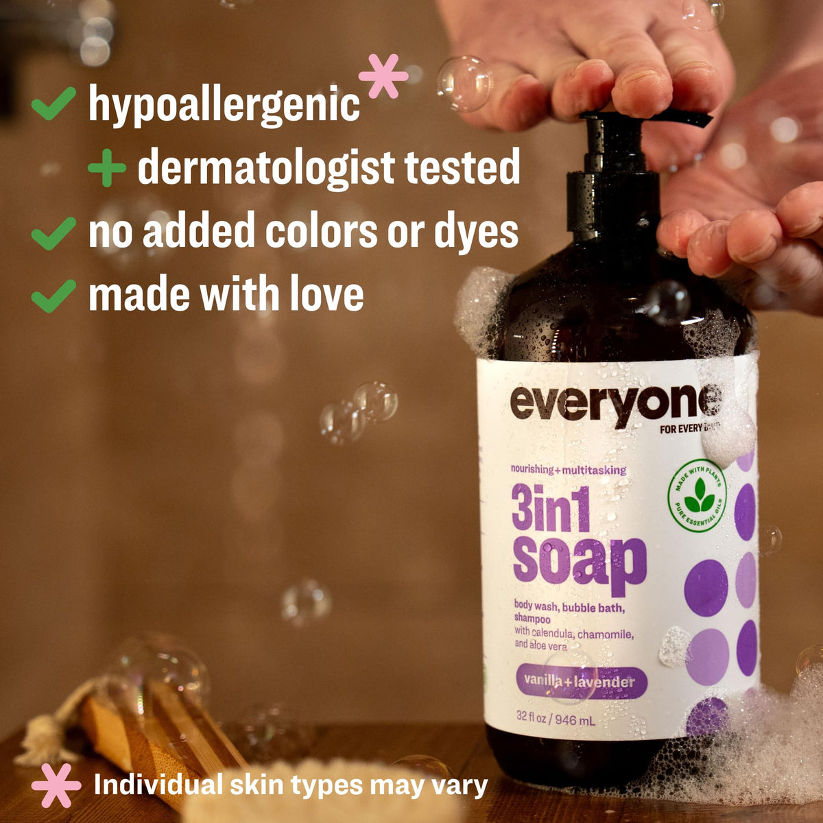 everyone pump and label detail highlighting ingredient transparency and recycled bottle